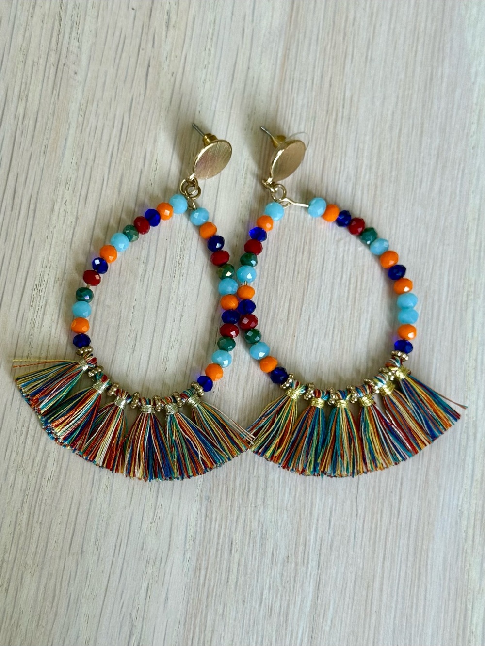 Multicolor Beaded Tassel Hoop Earrings